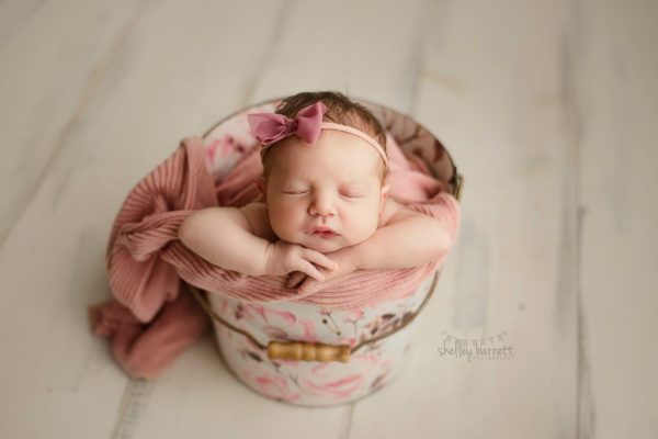 Pensacola, Florida newborn and family photographer, Shelley Barrett Photography takes adorable photos of a sweet baby girl in her Pace, Florida photography studio.