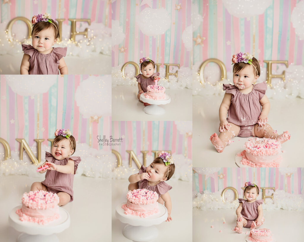 Cake smash and portraits for one year old baby girl by Pensacola Florida photographer, Shelley Barrett Photography
