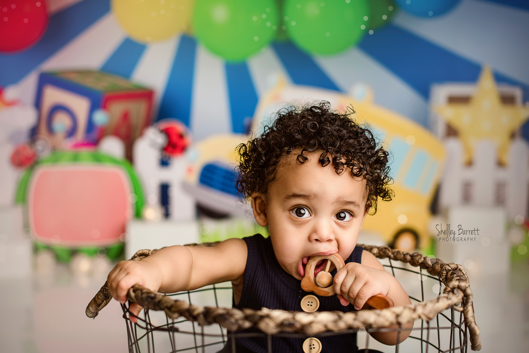 Cake smash baby portraits for one year old birthday boy David at Pensacola area Pace Florida photographer studio with Shelley Barrett Photography