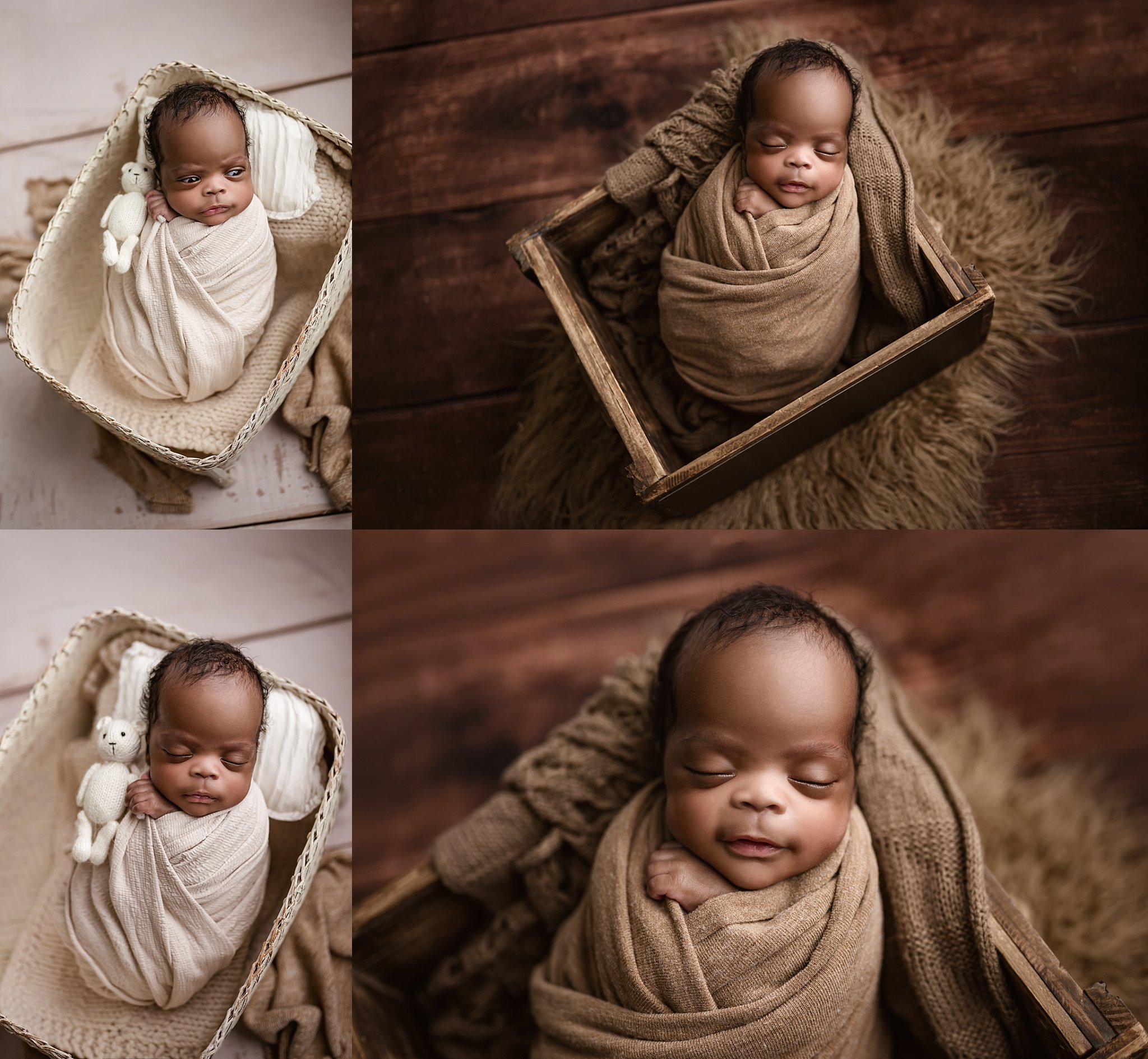 Wrapped newborn baby sleeping in a prop during a studio session with a Birmingham newborn photographer in Springville, Alabama.