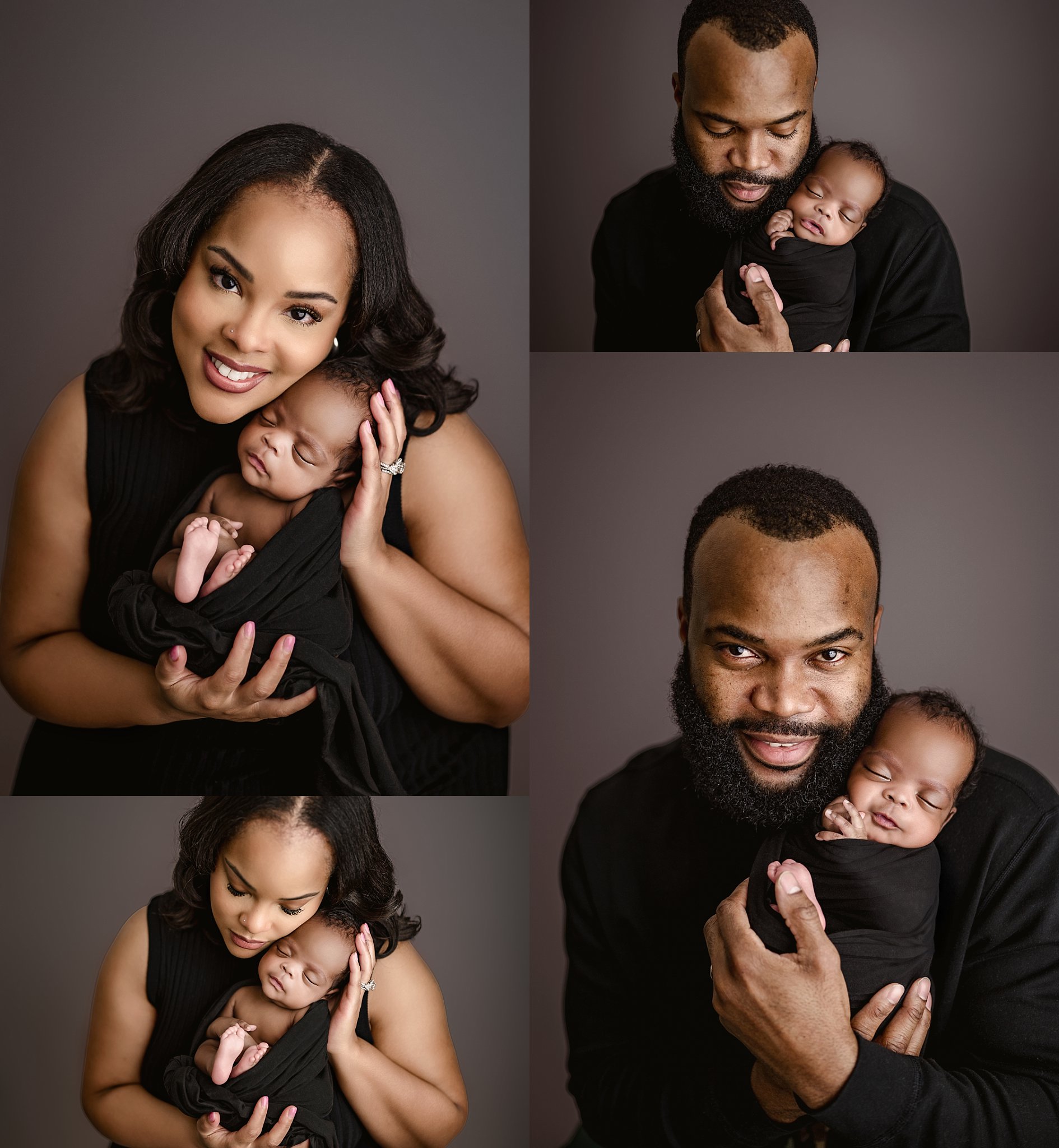 Mother cuddling her newborn baby during a Springville, Alabama newborn photography session. Father holding his newborn baby in a Trussville newborn photography studio.