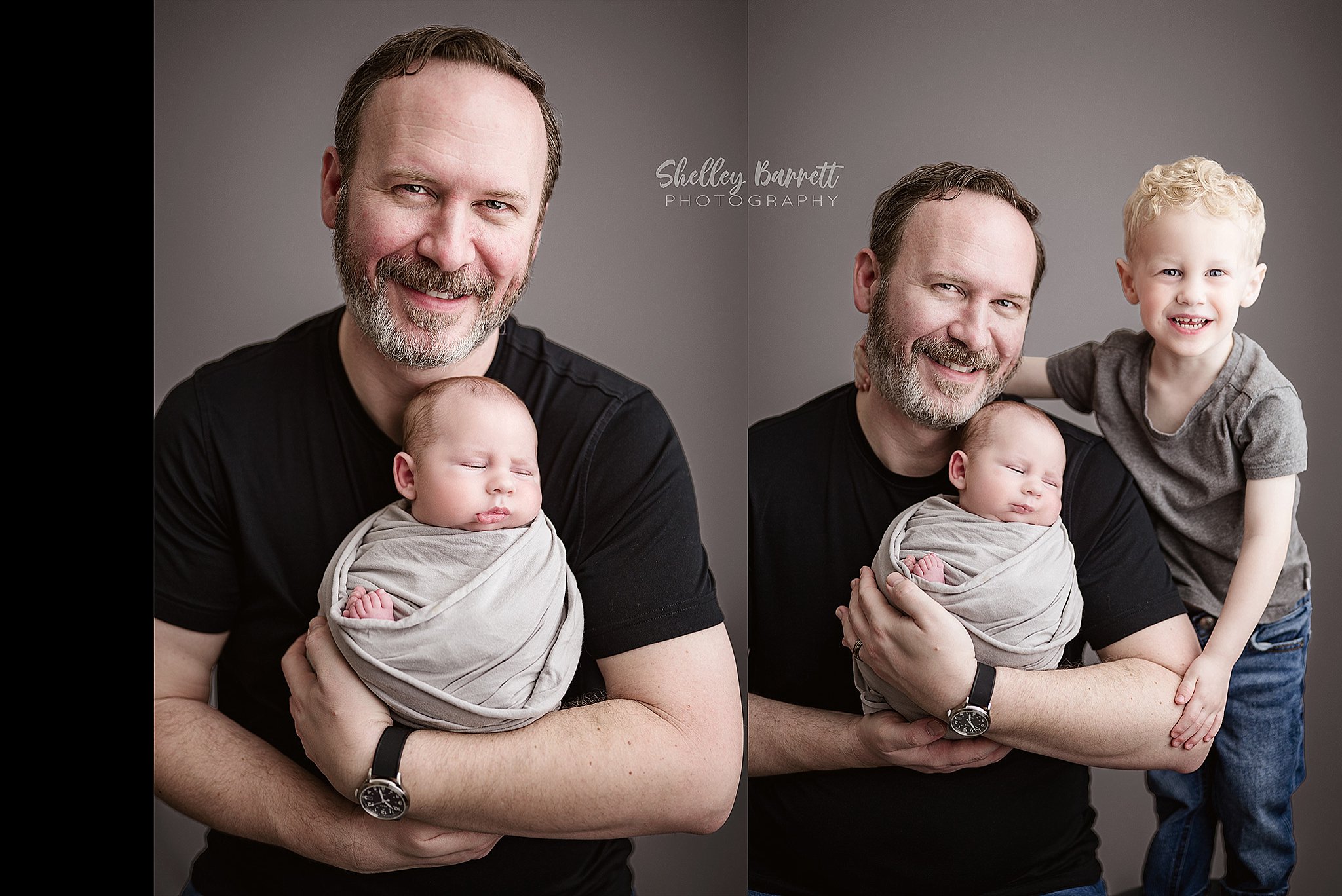 Father with newborn son and older son sibling in newborn photography session at Springville, AL photographer's studio