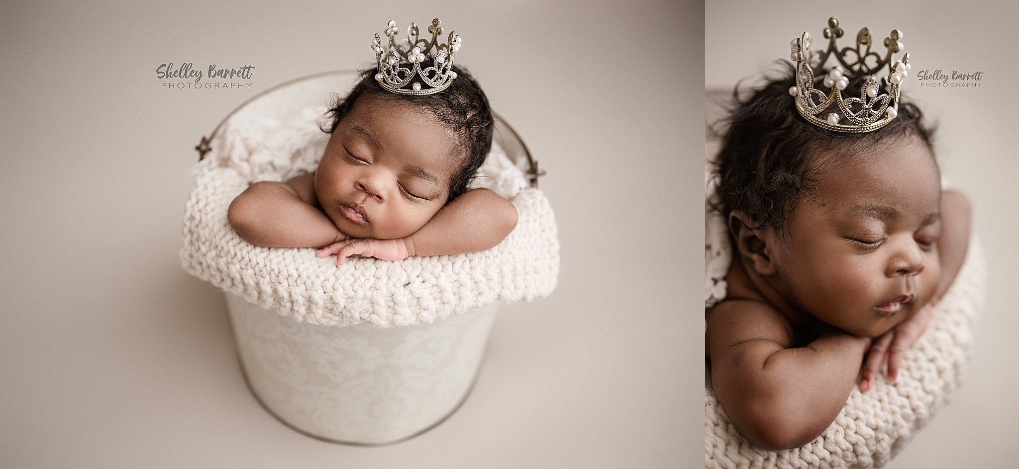Sleeping newborn girl wearing a tiny crown during a themed newborn session