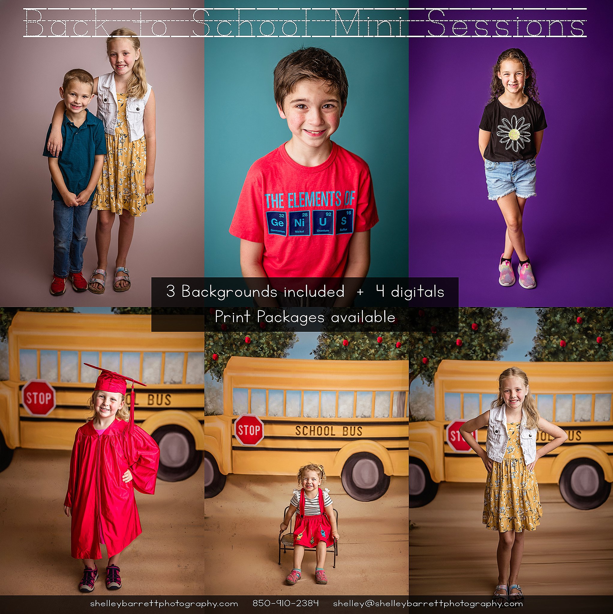 Brother and sister posing on a school bus backdrop at a Birmingham photography studio