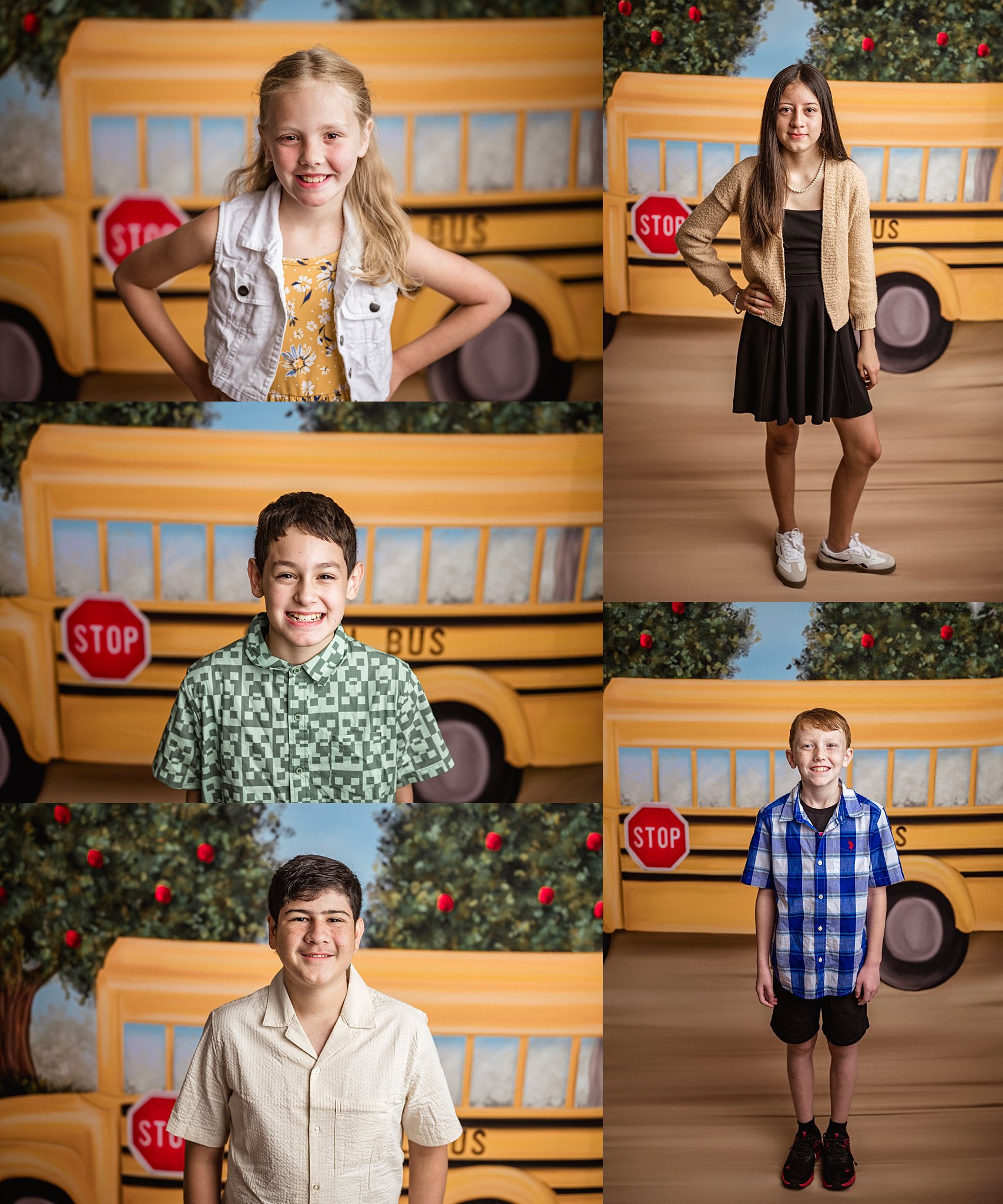 Brother and sister posing on a school bus backdrop at a Birmingham photography studio