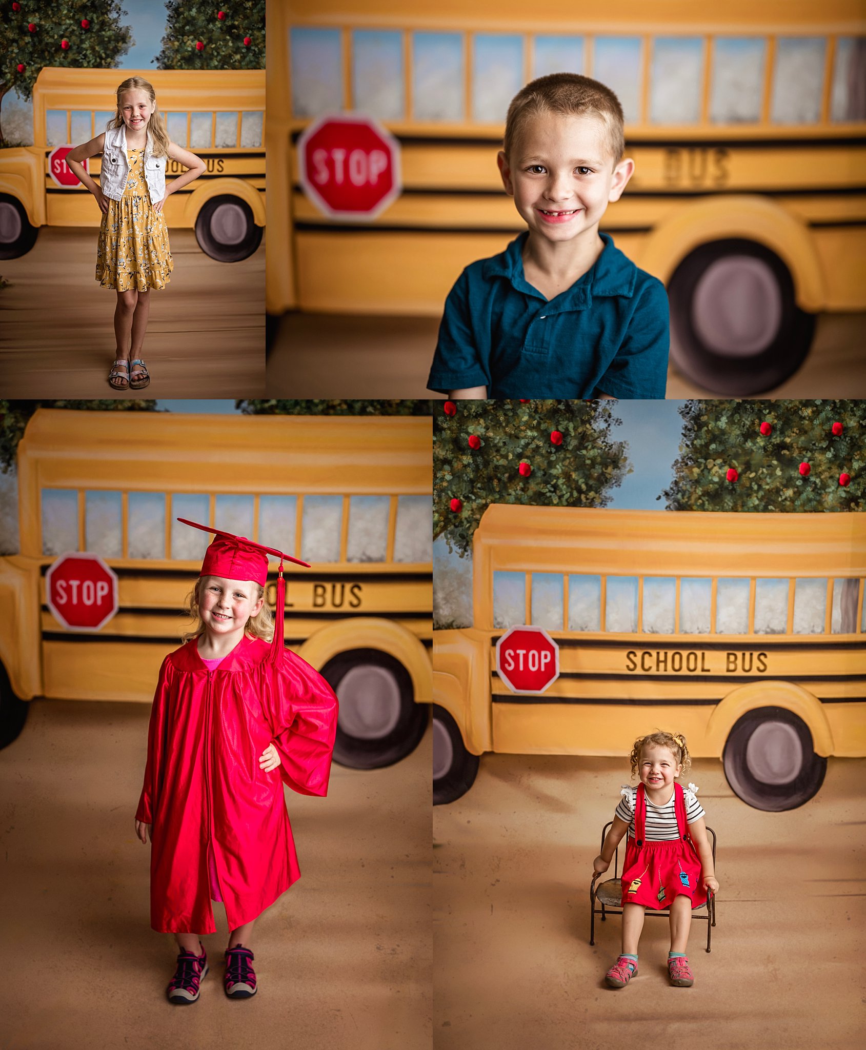 Children posing on a school bus backdrop at a Birmingham photography studio