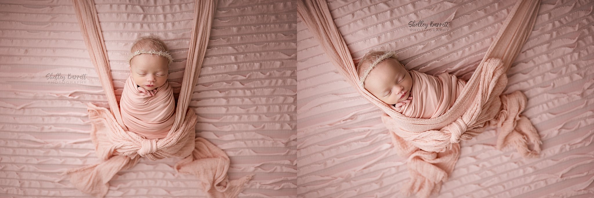 Baby wrapped in a lightweight cloth swaddle during a Springville newborn photography session