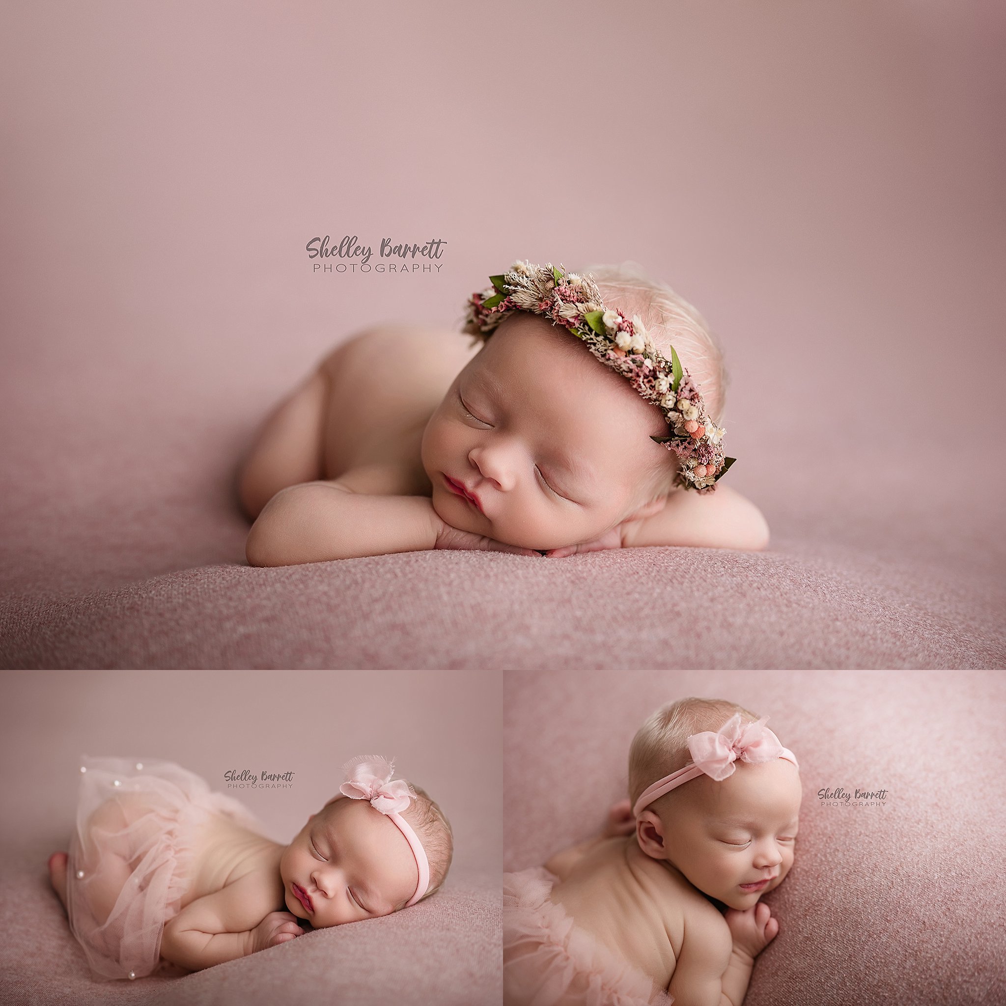 Sleeping summer newborn photographed by a Birmingham newborn photographer on pink with flowery headband and tutu