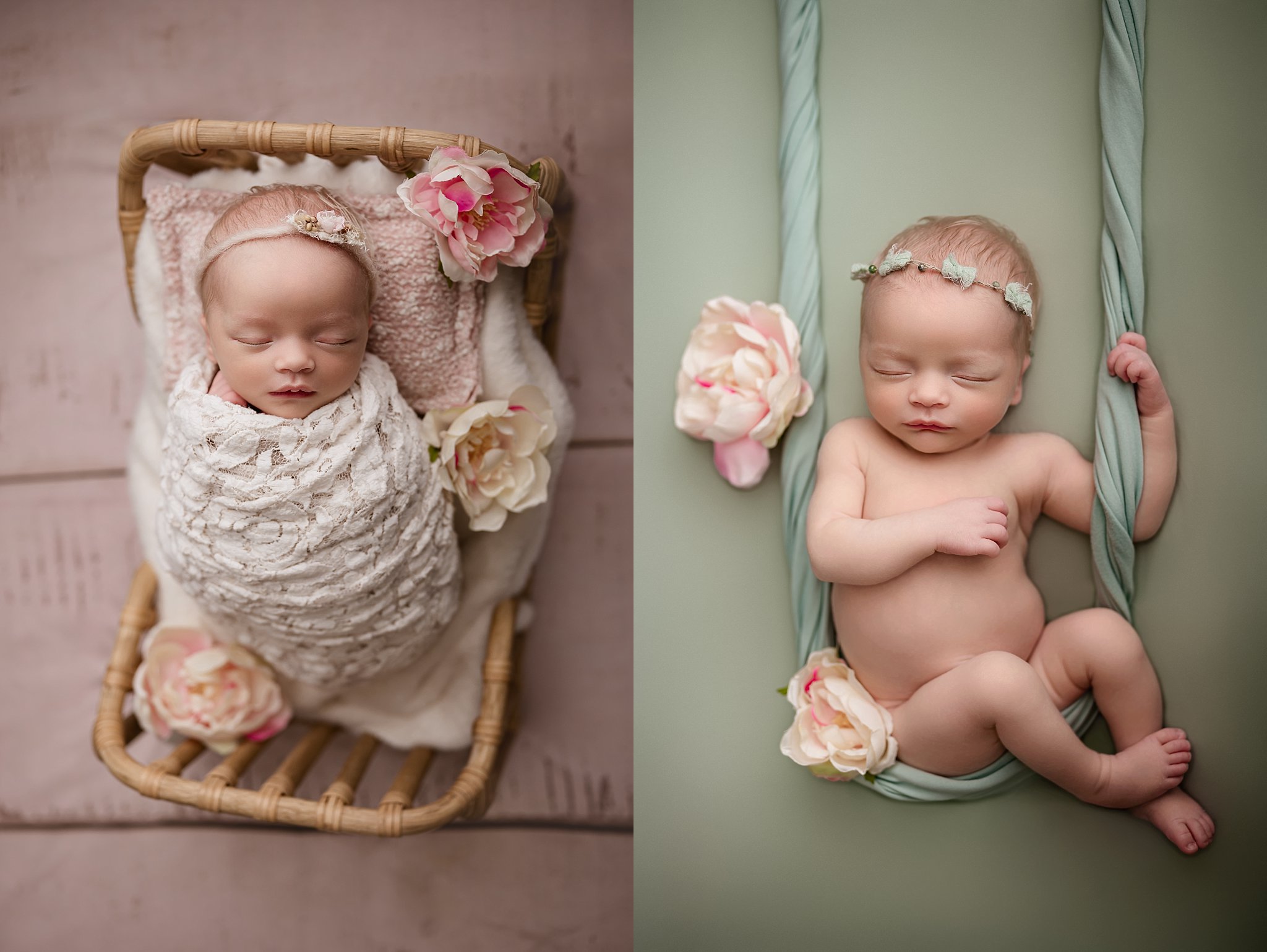 Sleeping summer newborn photographed by a Birmingham newborn photographer with floral details