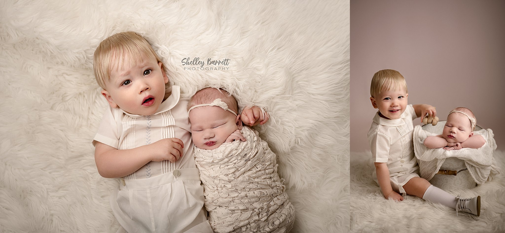 Proud big brother cuddling his newborn baby sister during a heartwarming family photography session in Springville, Alabama.