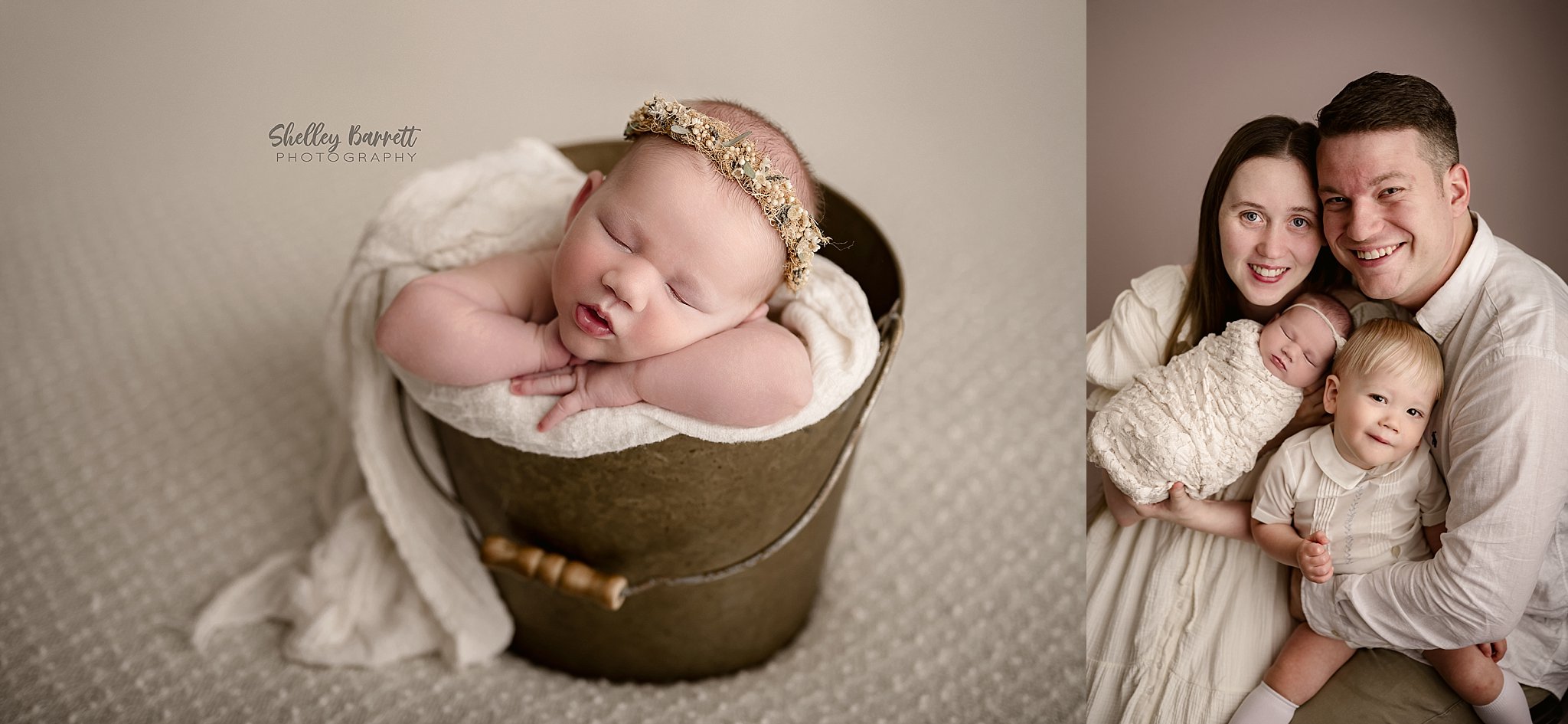 Parents and their newborn baby girl sharing a loving family portrait at a Trussville newborn photography studio.
