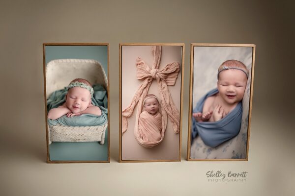 Sample wooden trio of framed photos of newborn baby girl in Birmingham, AL newborn photography studio.