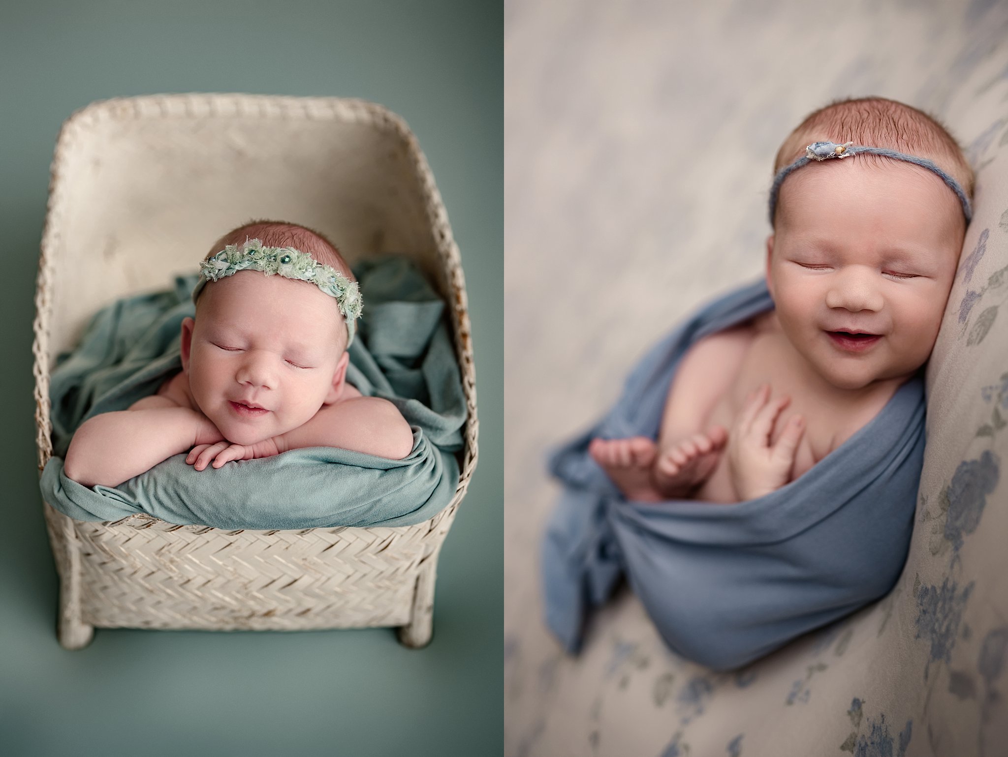 Sweet newborn baby girl nestled in a vintage white basket prop during a creative newborn photography session near Trussville, Alabama.