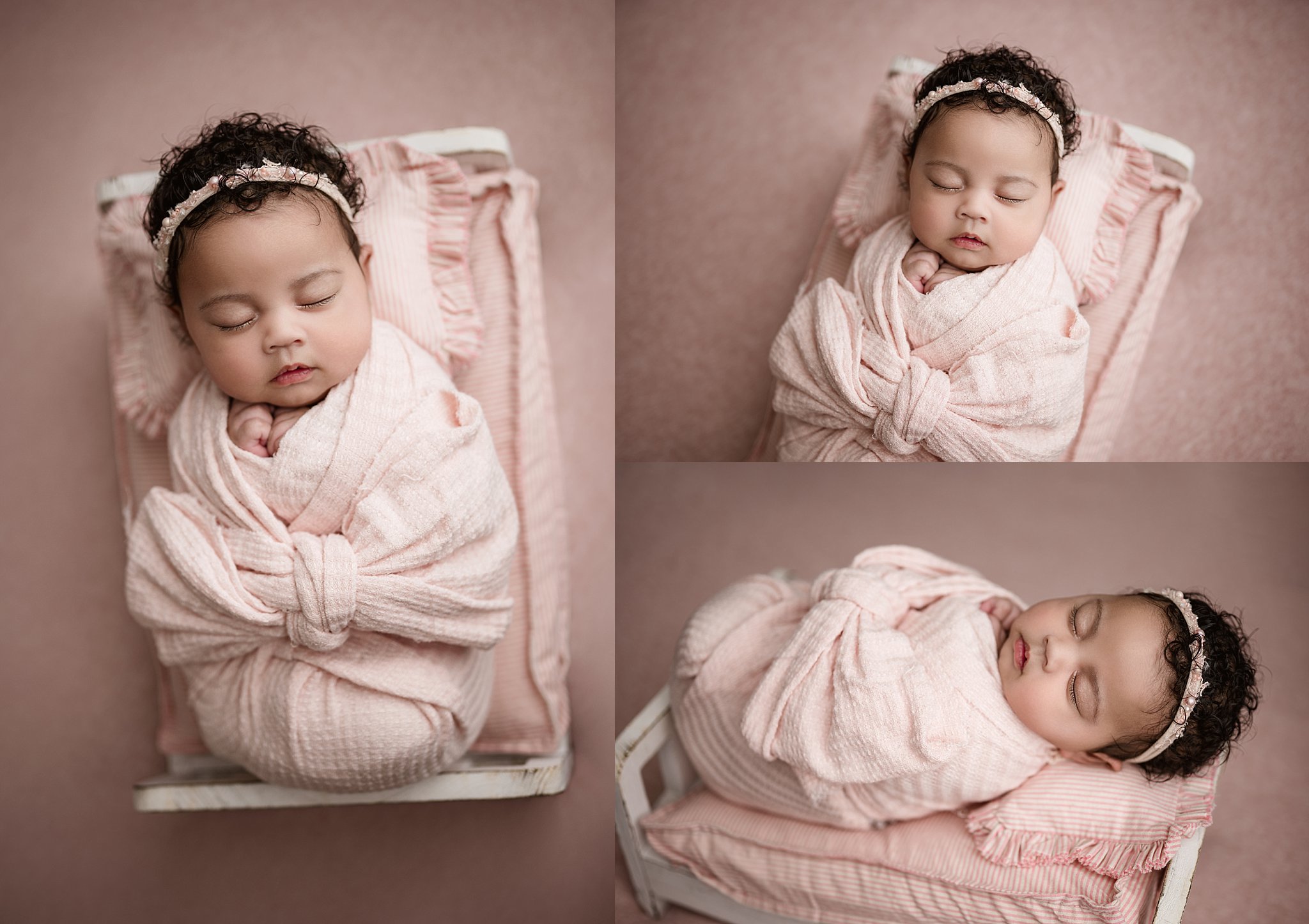 Newborn baby girl peacefully resting in a cozy bed during a Birmingham newborn photography session.
