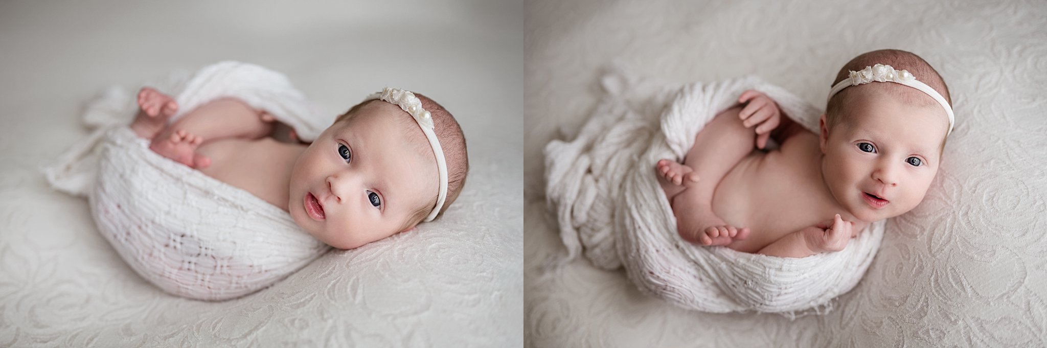 Awake newborn baby girl looking toward the camera during a Birmingham newborn photography session.