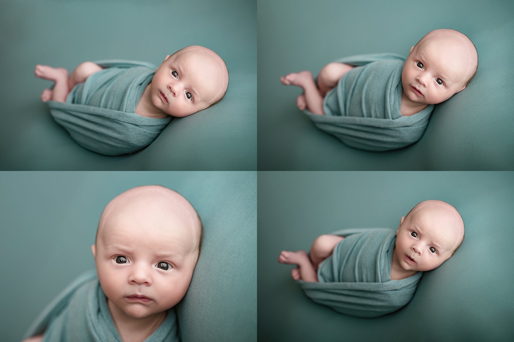 Alert newborn baby boy showing her beautiful eyes during a Springville Alabama newborn photography session.