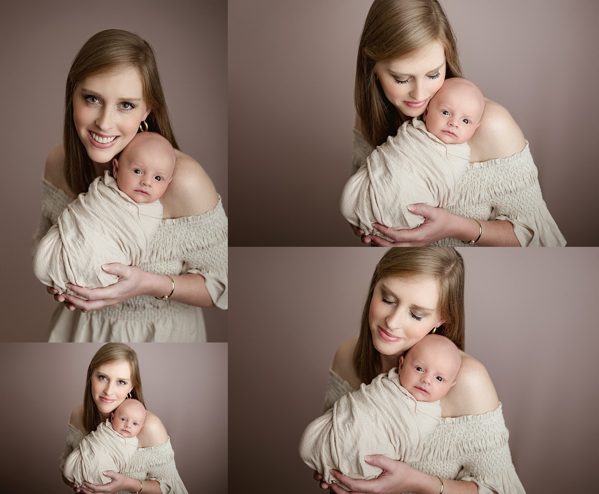 Mother lovingly holding and cuddling her newborn baby boy during a professional newborn photography session in Springville, Alabama.