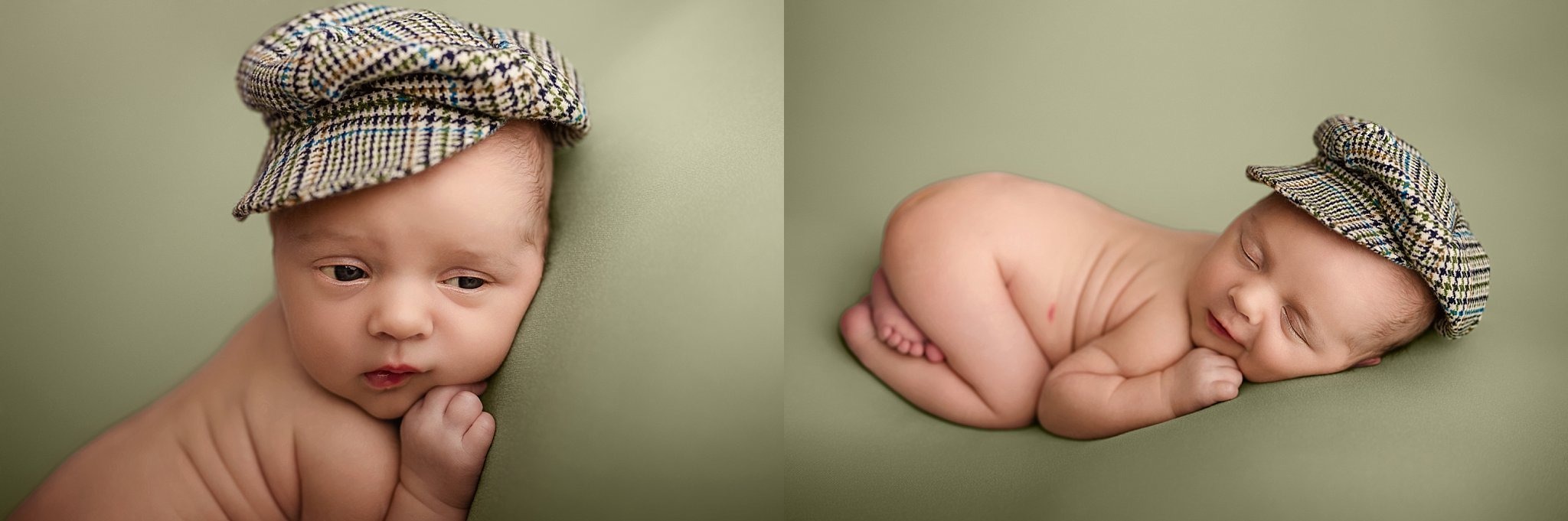 Sweet awake newborn baby gazing at the camera at a Birmingham newborn photography studio.