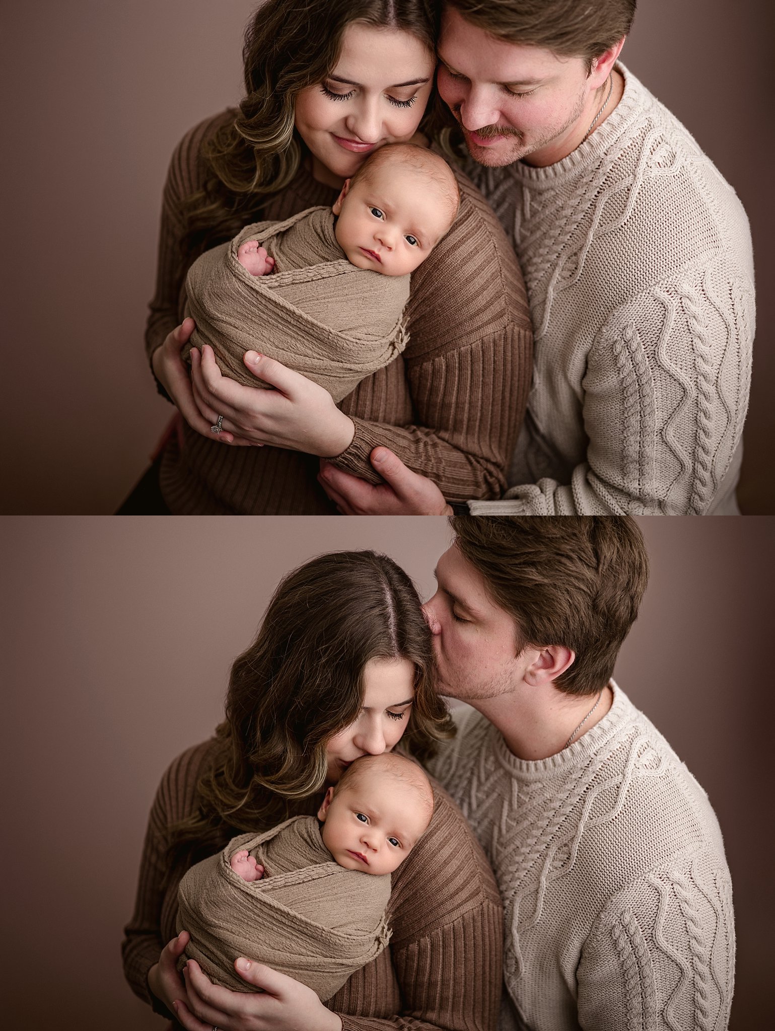 Newborn baby boy peacefully awake and looking around while being cuddled by mom and dad during a professional newborn photography session near Trussville, Alabama.