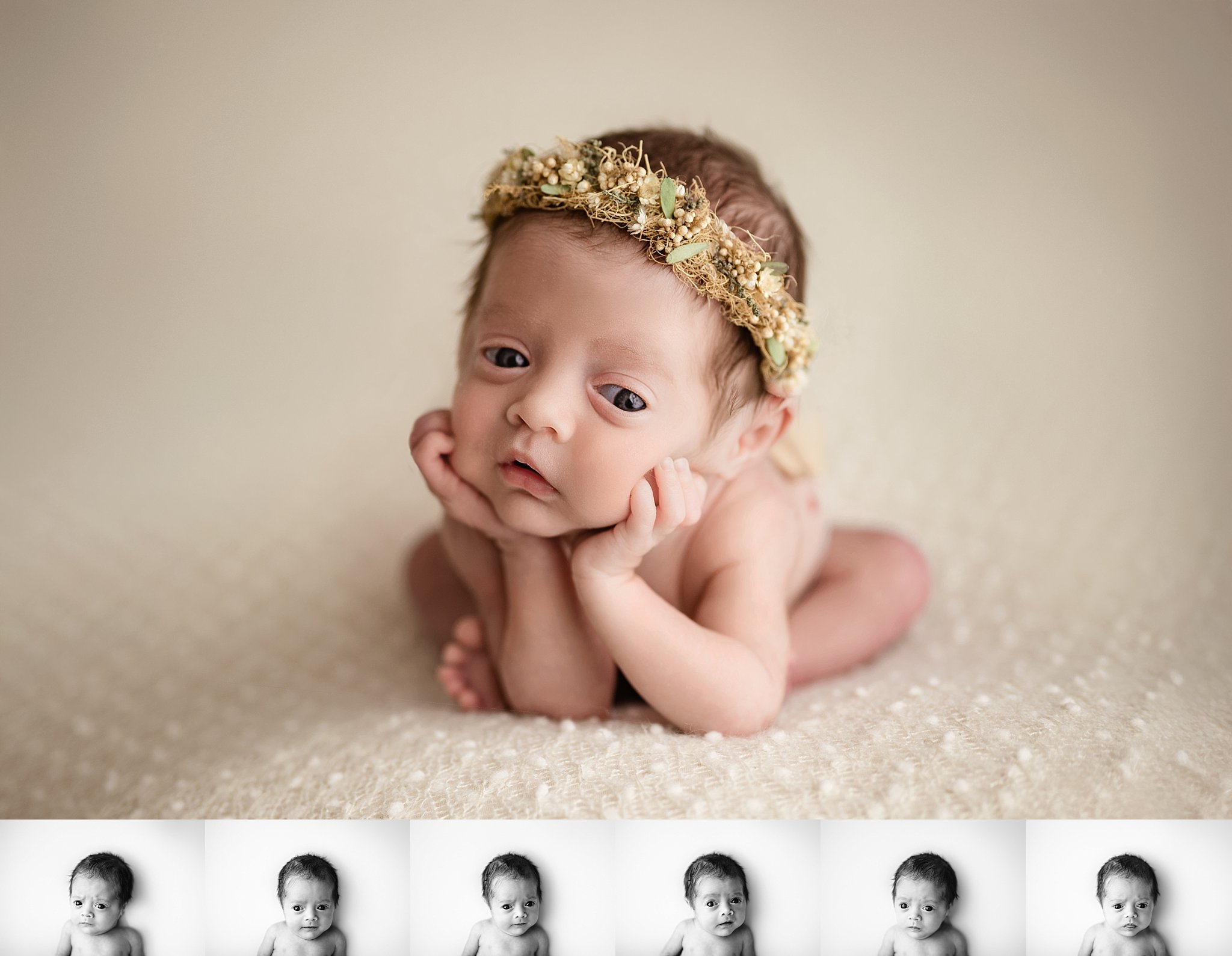 Awake newborn baby girl showing her unique personality during a newborn photography session in Springville, Alabama.