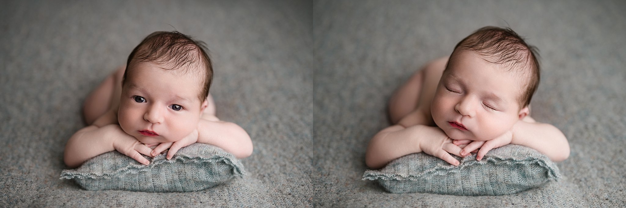Newborn baby boy with his eyes open and hands tucked beneath her chin at a Trussville newborn photography studio.